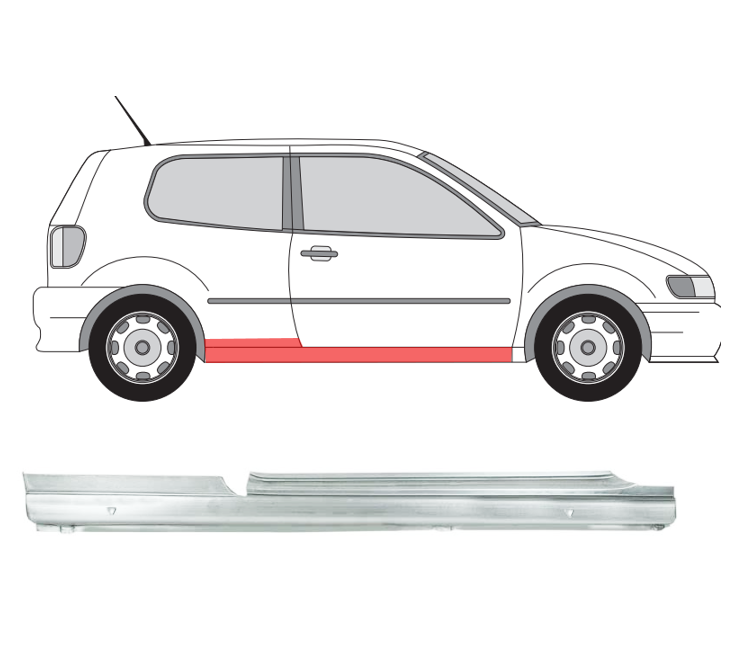 VW Polo (94-) Slenkstis (H/B, 2D, dešinė), slenksčiai, VW Polo slenkstis, 6N3 809 676G, 443022, 952442-1, 5824102, 5901532216462, slenksčiai, VW Polo slenkstis