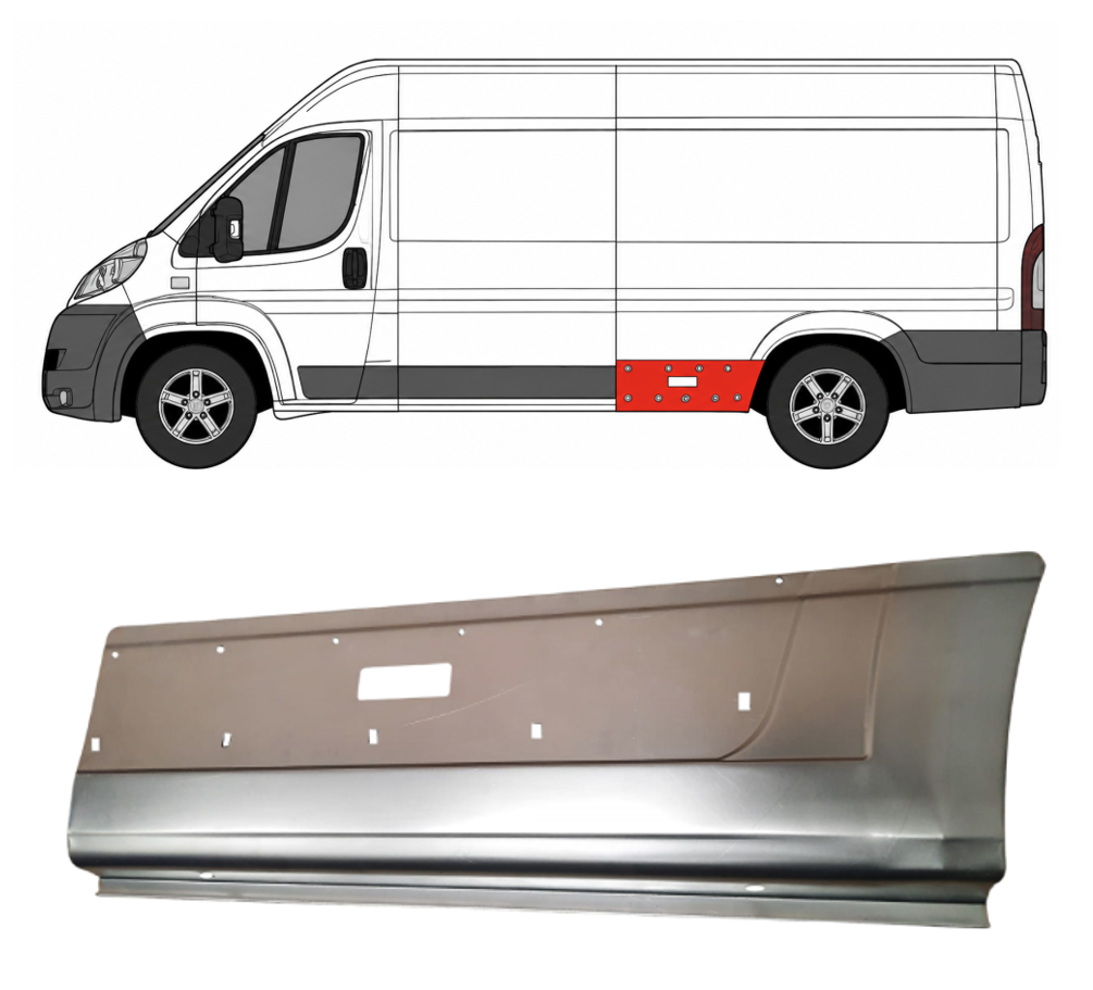 Ducato/Jumper/Boxer (06-/14-) Skarda prieš galinį ratą (ilgo, su gabarito skyle, kairė), 577083-7, Fiat Ducato/Citroen Jumper/Peugeot Boxer 2006- 2014 Šono skarda, Fiat Ducato/Citroen Jumper/Peugeot Boxer 2006- 2014 Šono skarda, 577083-7